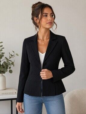 Vintage Y2K Beyond Black Pinstripe Peplum Fitted Blazer Jacket
